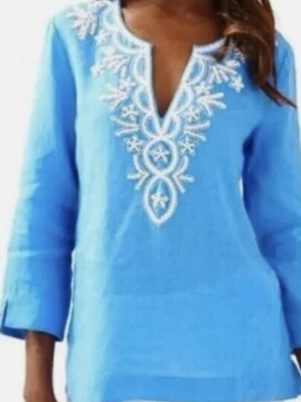 MINT Lilly Pulitzer Amelia Island Women LINEN TUNIC Top BEADED Resort LARGE